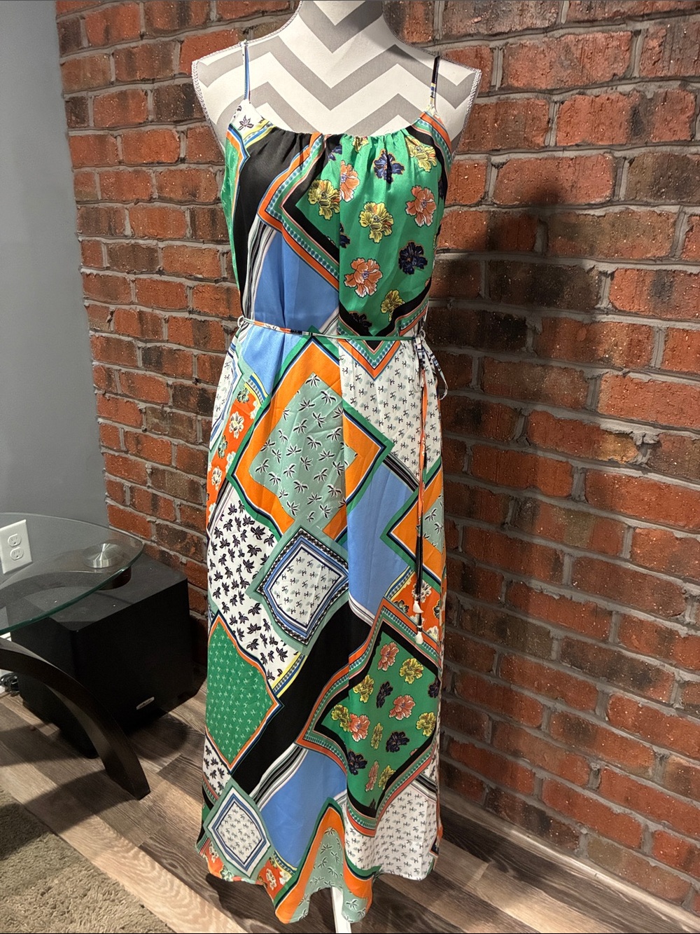 Sam Edelman Green Patchwork Maxi Dress with Blue & Orange Accents. Size Small.
